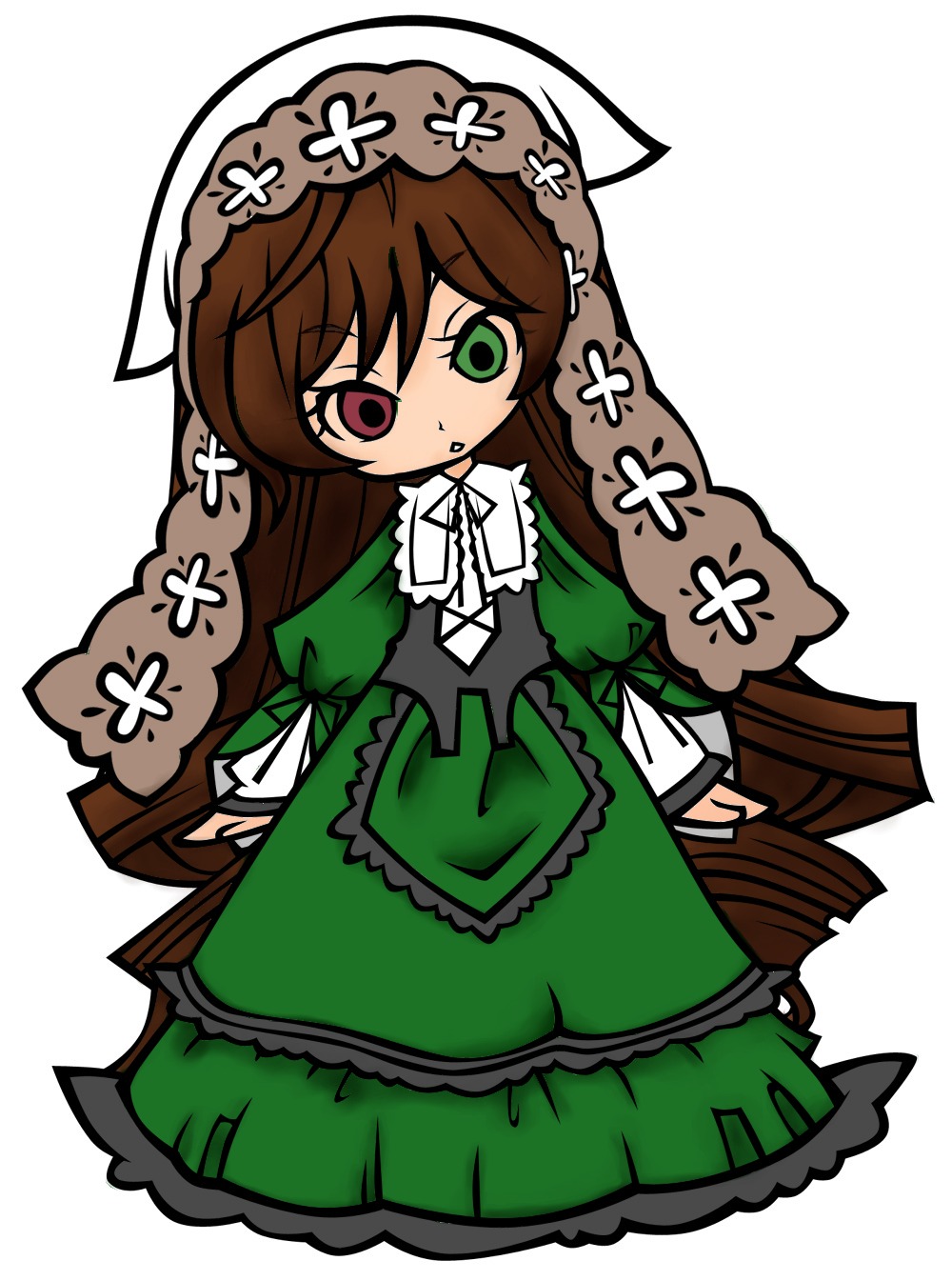 1girl brown_hair chibi dress flower frills full_body green_dress green_eyes heterochromia image long_hair long_sleeves red_eyes ribbon simple_background solo standing suiseiseki very_long_hair white_background