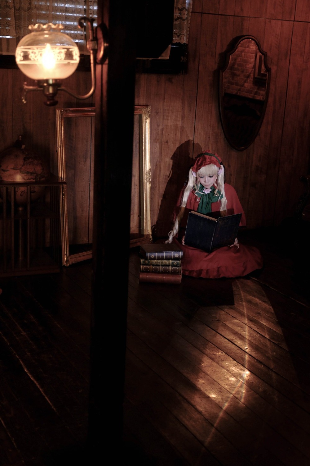 1girl book closed_eyes hat hong_meiling indoors red_hair shinku sleeping solo wings