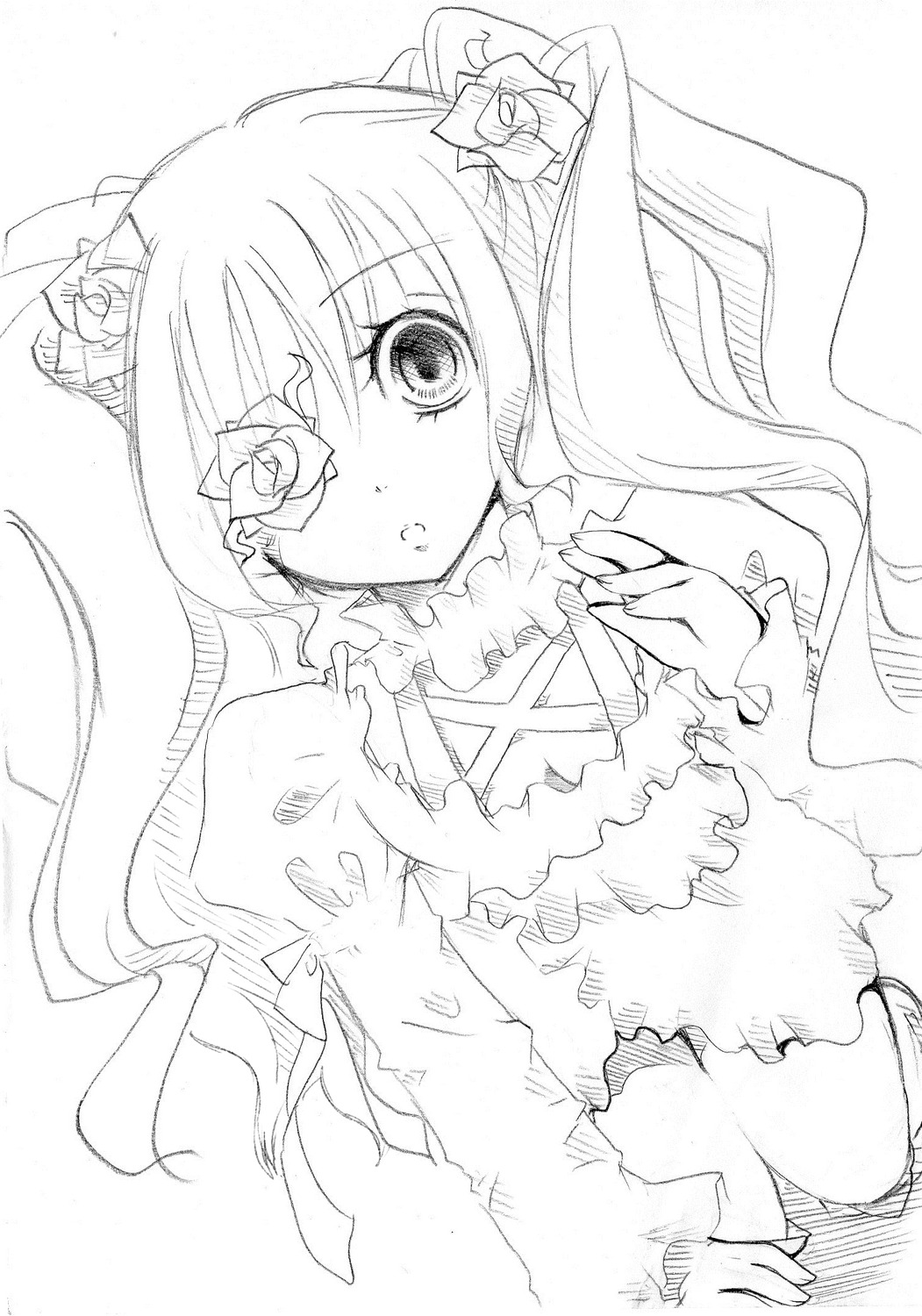 1girl :o blush dress eyepatch flower frills hair_flower hair_ornament image kirakishou long_hair long_sleeves looking_at_viewer monochrome rose simple_background solo torn_clothes upper_body