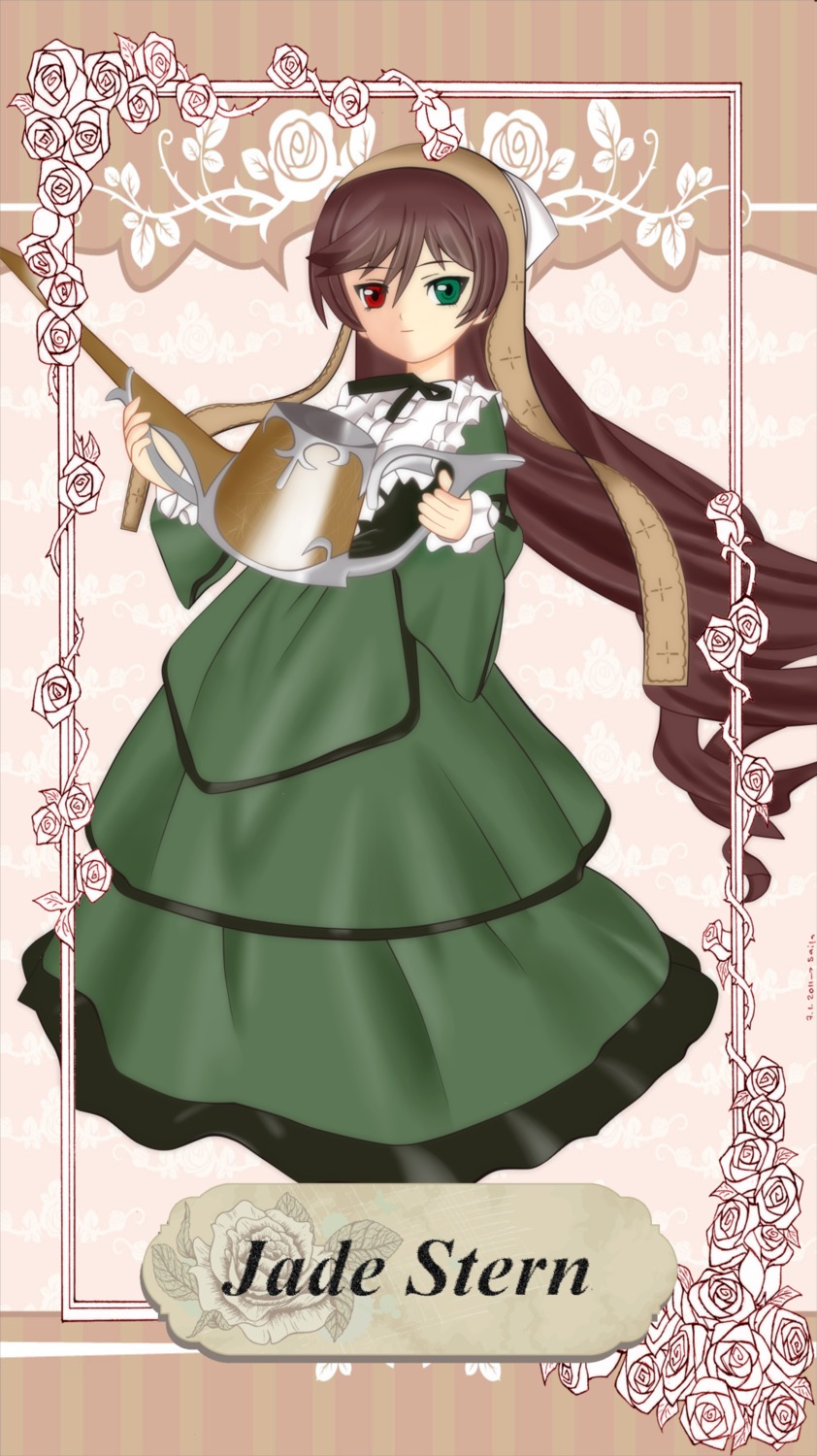 1girl boots brown_hair dress flower frills green_dress green_eyes hat heterochromia image long_hair long_sleeves red_eyes rose solo suiseiseki twintails very_long_hair watering_can