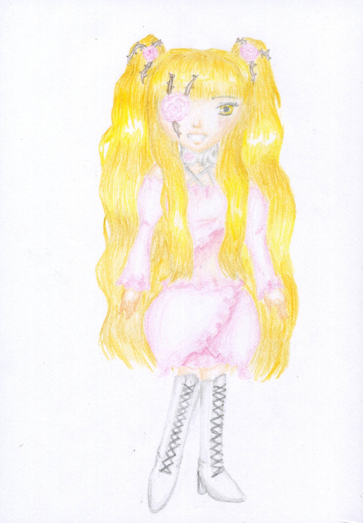 1girl blonde_hair boots cross-laced_footwear dress flower grin hair_flower hair_ornament image kirakishou knee_boots lace-up_boots long_hair rose smile solo striped traditional_media twintails very_long_hair