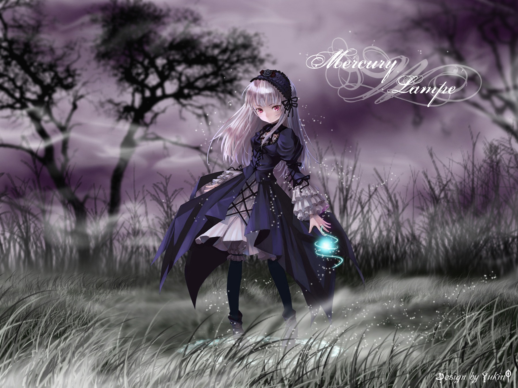 1girl bangs black_dress blurry boots closed_mouth depth_of_field dress eyebrows_visible_through_hair flower frills gothic_lolita grass hairband image lolita_fashion long_hair long_sleeves looking_at_viewer outdoors red_eyes solo standing suigintou tree wide_sleeves