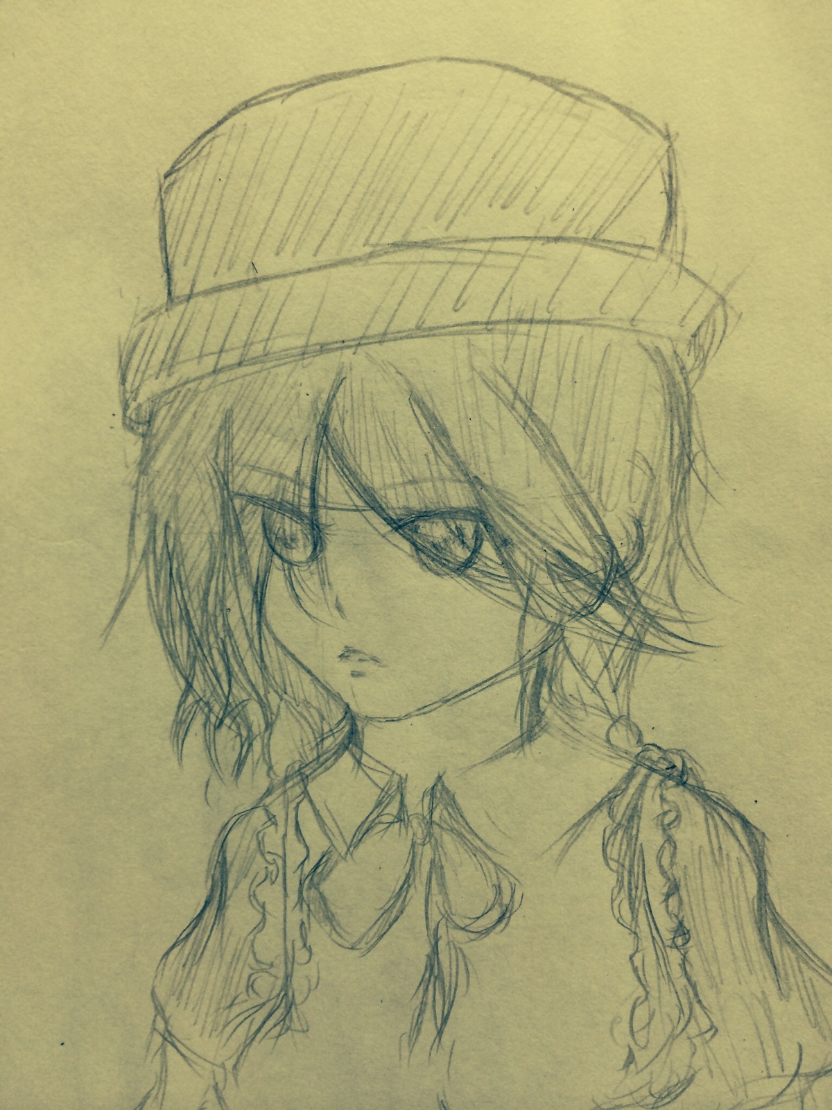 1girl auto_tagged bangs eyebrows_visible_through_hair hair_between_eyes hat image looking_at_viewer monochrome short_hair sketch solo souseiseki traditional_media upper_body