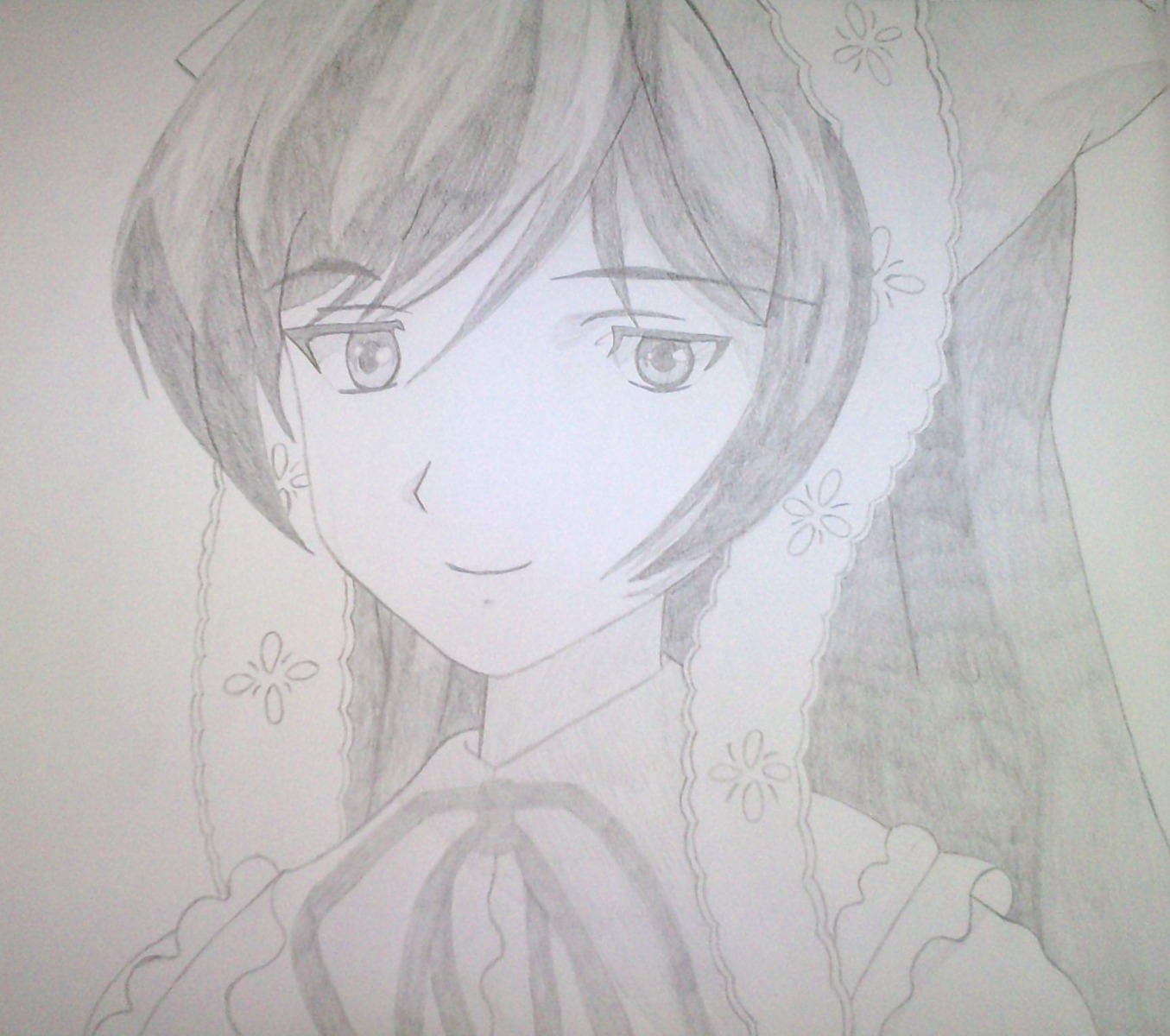 1girl closed_mouth frills hair_ornament image long_hair looking_at_viewer monochrome portrait smile solo suiseiseki traditional_media veil