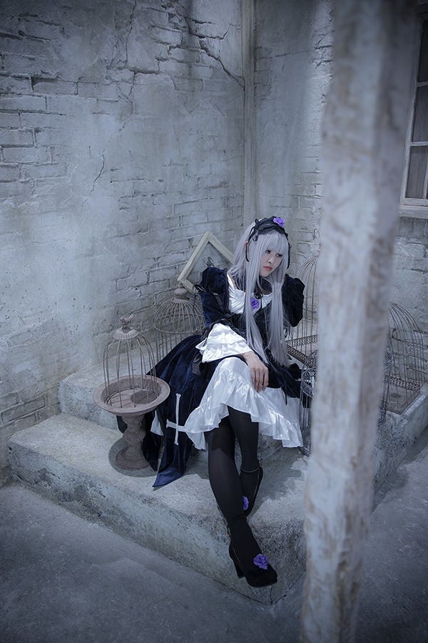 1girl black_legwear boots dress frills gun high_heels long_hair outdoors pantyhose sitting snow solo suigintou