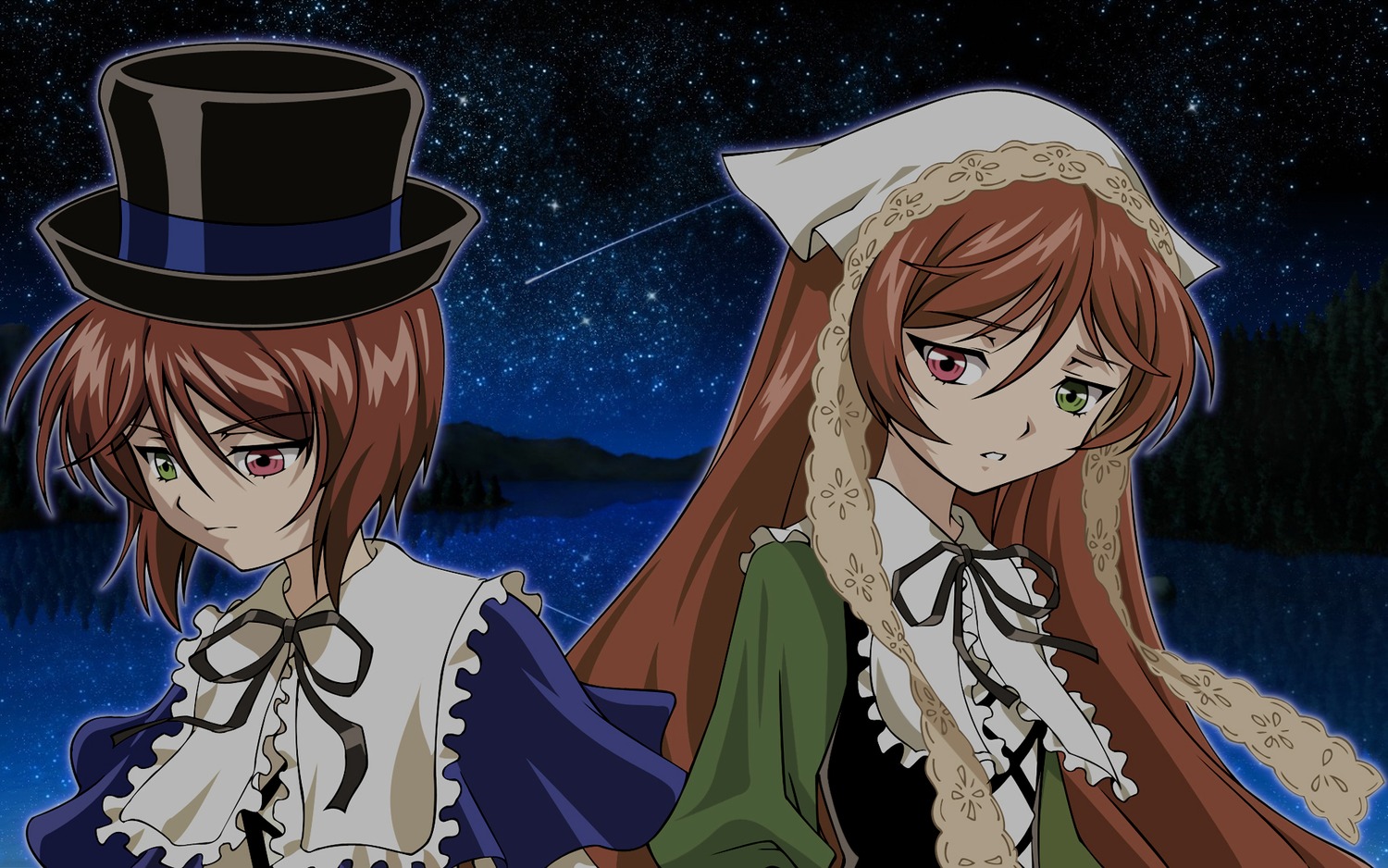 2girls brown_hair green_dress green_eyes hat heterochromia image long_hair multiple_girls neck_ribbon night night_sky pair red_eyes ribbon shooting_star short_hair siblings sisters sky souseiseki star_(sky) starry_sky suiseiseki top_hat twins