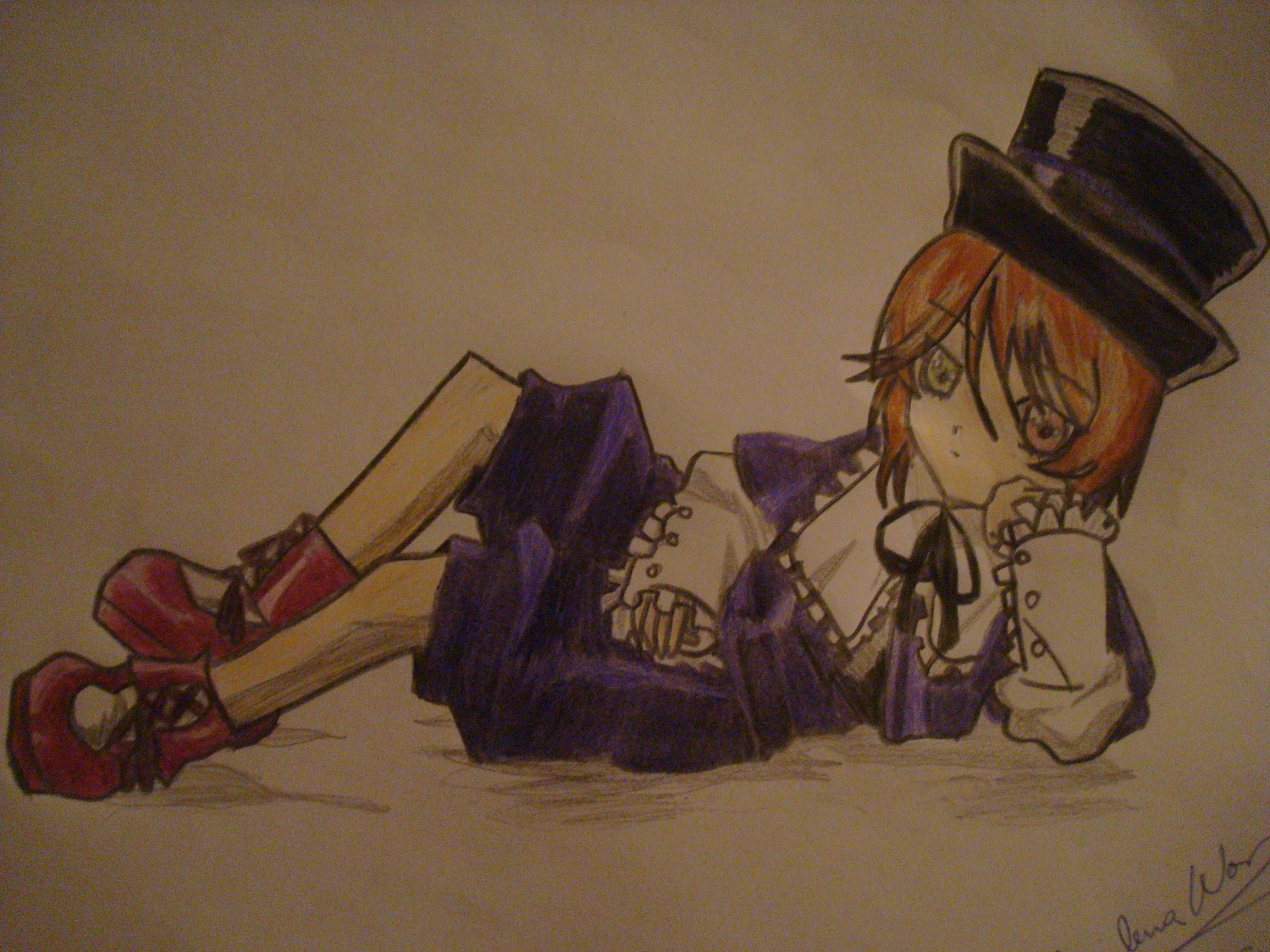 1girl dress full_body hat image long_sleeves lunasa_prismriver lying pantyhose polka_dot red_footwear short_hair solo souseiseki