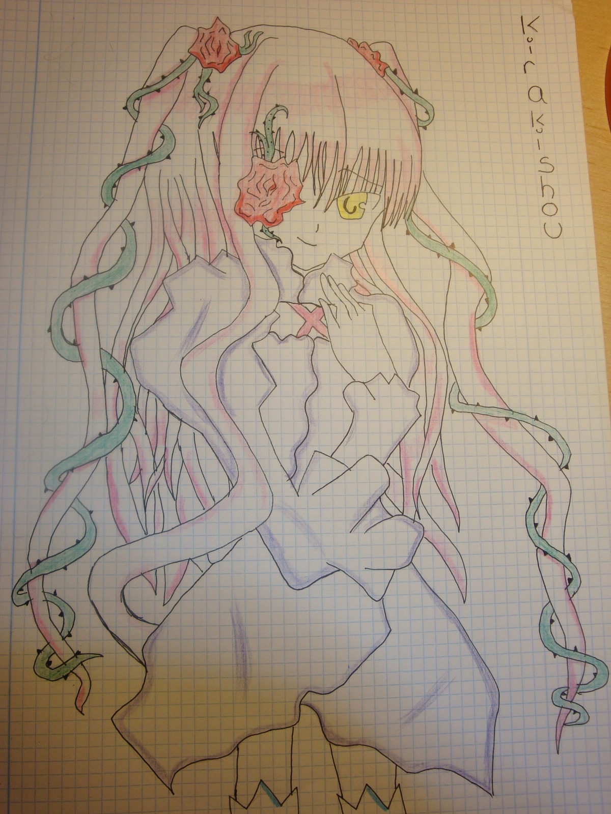 1girl choker dress flower hair_ornament image kirakishou long_hair pink_hair smile solo traditional_media yellow_eyes
