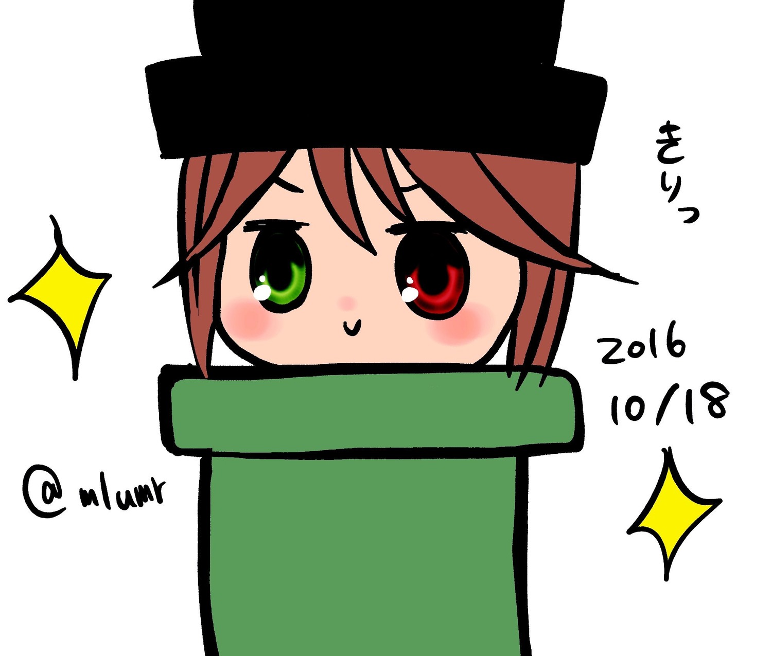 1girl bangs blush brown_hair chibi eyebrows_visible_through_hair green_eyes hat heterochromia image looking_at_viewer peeking_out red_eyes simple_background solo souseiseki sparkle sparkle_background sparkling_eyes striped striped_background twitter_username white_background