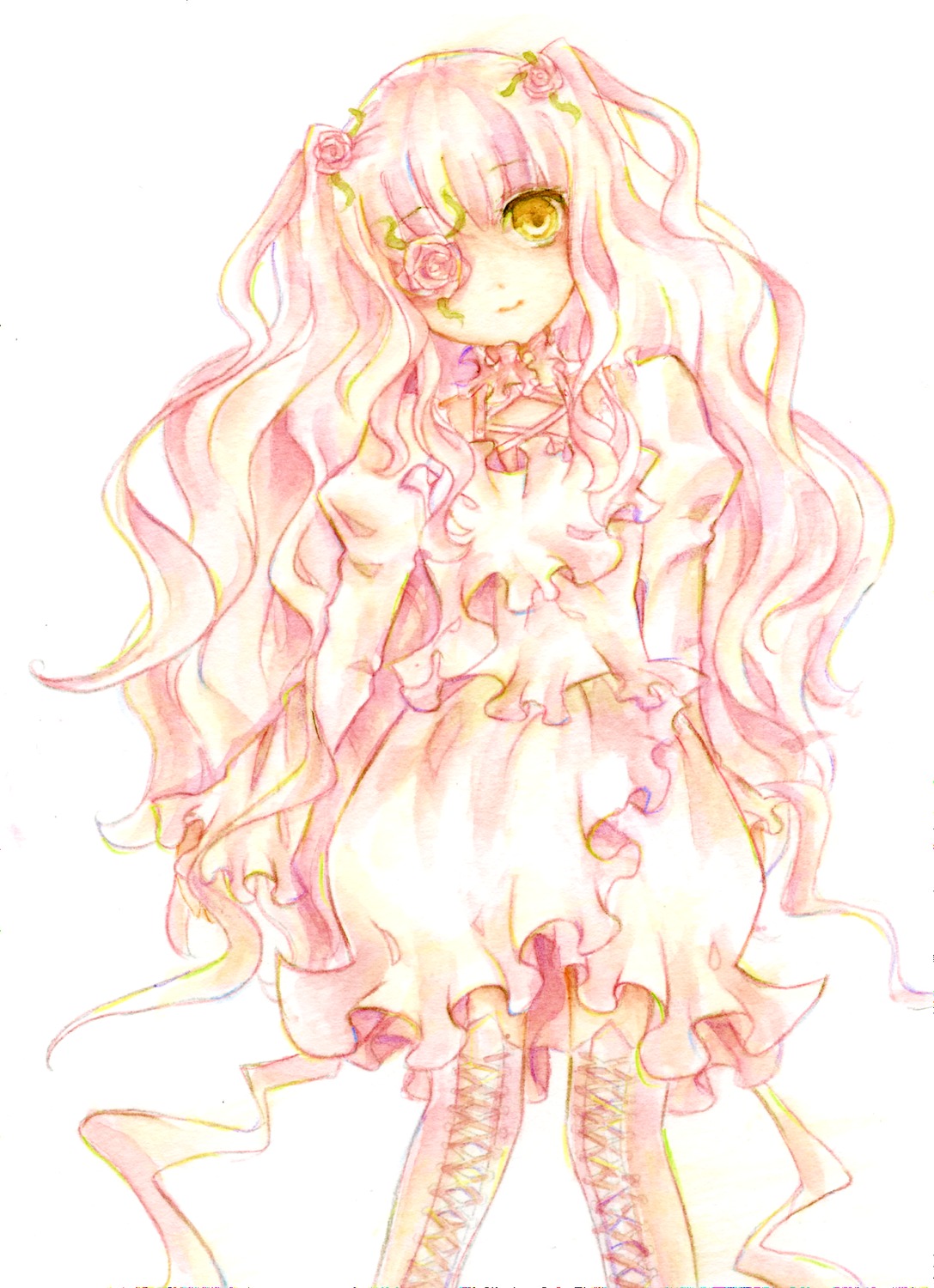 1girl boots cross-laced_footwear dress flower frills gradient_hair hair_flower hair_ornament image kirakishou long_hair pink_hair rose solo traditional_media two_side_up very_long_hair wavy_hair yellow_eyes