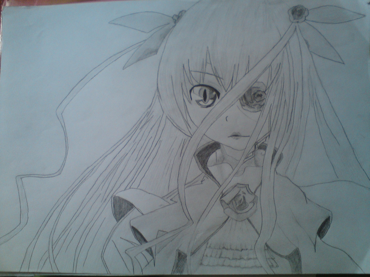 1girl barasuishou bug hair_ornament image long_hair looking_at_viewer monochrome simple_background solo traditional_media upper_body