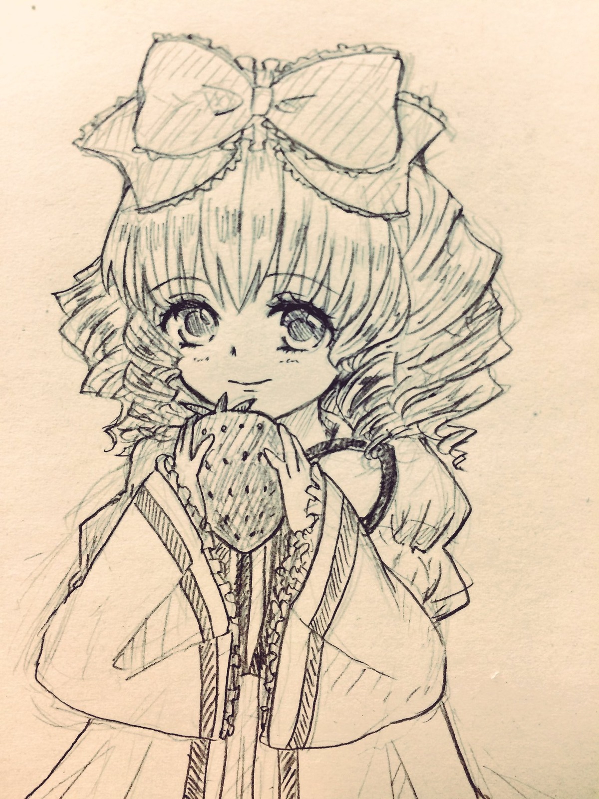 1girl bangs bow dress drill_hair eating eyebrows_visible_through_hair food graphite_(medium) hinaichigo holding holding_food image long_sleeves looking_at_viewer monochrome puffy_sleeves short_hair smile solo traditional_media wide_sleeves