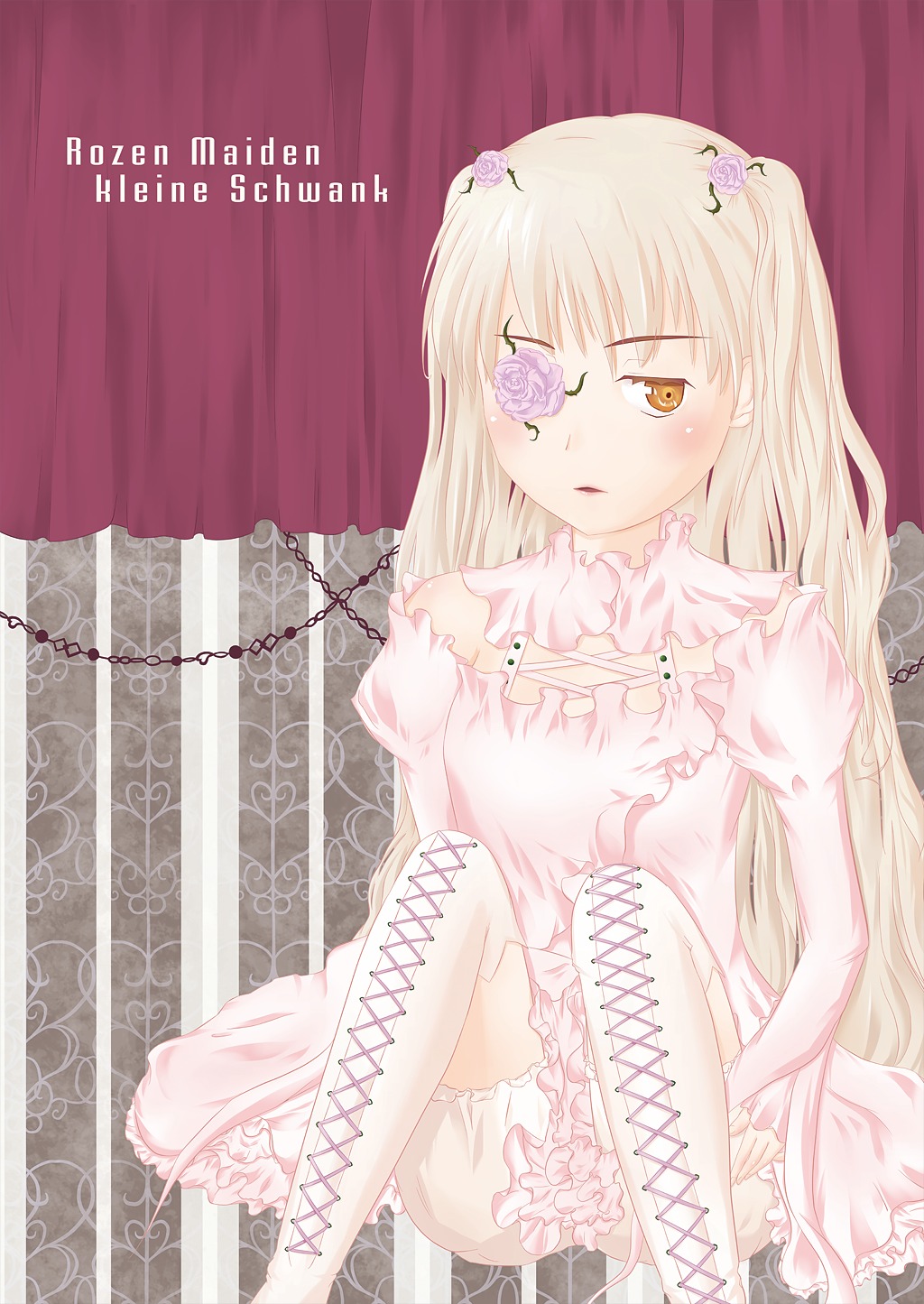 1girl bloomers boots cross-laced_footwear dress eyepatch flower image kirakishou knee_boots lace-up_boots long_hair long_sleeves rose sitting solo thigh_boots yellow_eyes
