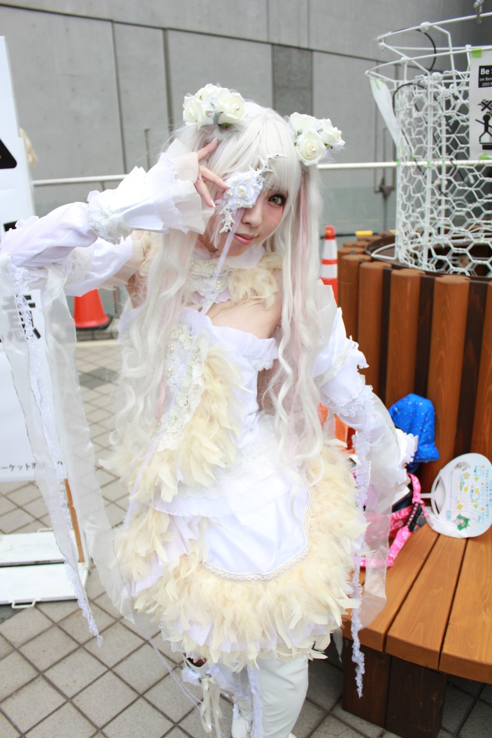 1girl dress hair_ornament indoors kirakishou long_hair sitting solo tile_floor tiles white_hair