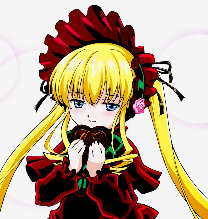 1girl blonde_hair blue_eyes blush bow bowtie box dress green_bow heart heart-shaped_box image long_hair long_sleeves looking_at_viewer ribbon rose shinku solo twintails valentine