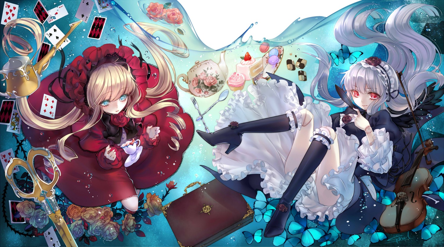 2girls black_footwear black_legwear blonde_hair blue_eyes bonnet boots bow card cup dress drill_hair flower food frills hairband image lolita_fashion lolita_hairband long_hair multiple_girls pair playing_card red_eyes red_flower red_rose rose shinku silver_hair suigintou teacup very_long_hair