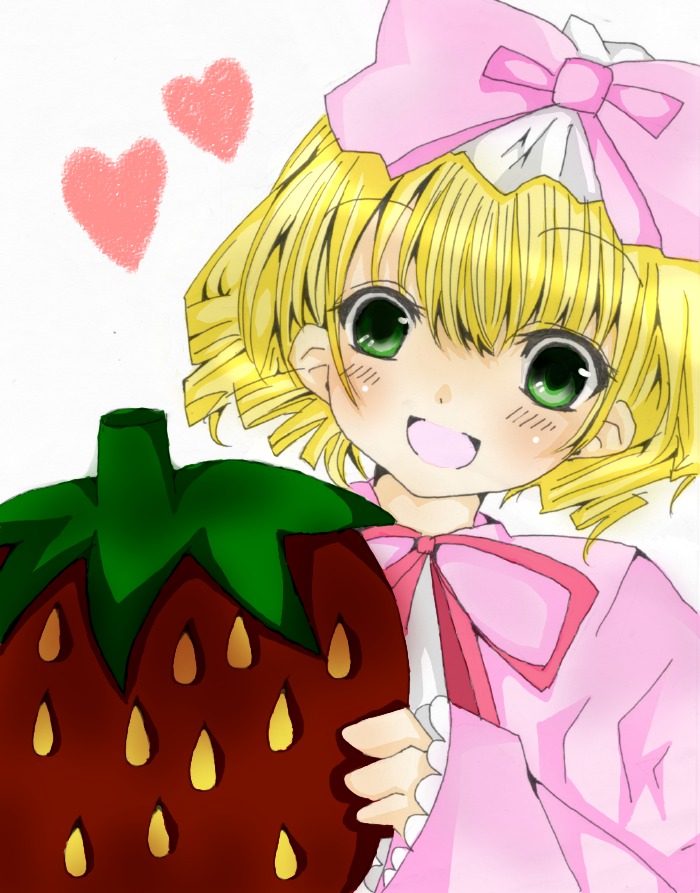 1girl :d blonde_hair blush bow dress food fruit green_eyes hat heart hina_ichigo hinaichigo image long_sleeves looking_at_viewer open_mouth pink_bow pink_dress ribbon short_hair smile solo upper_body