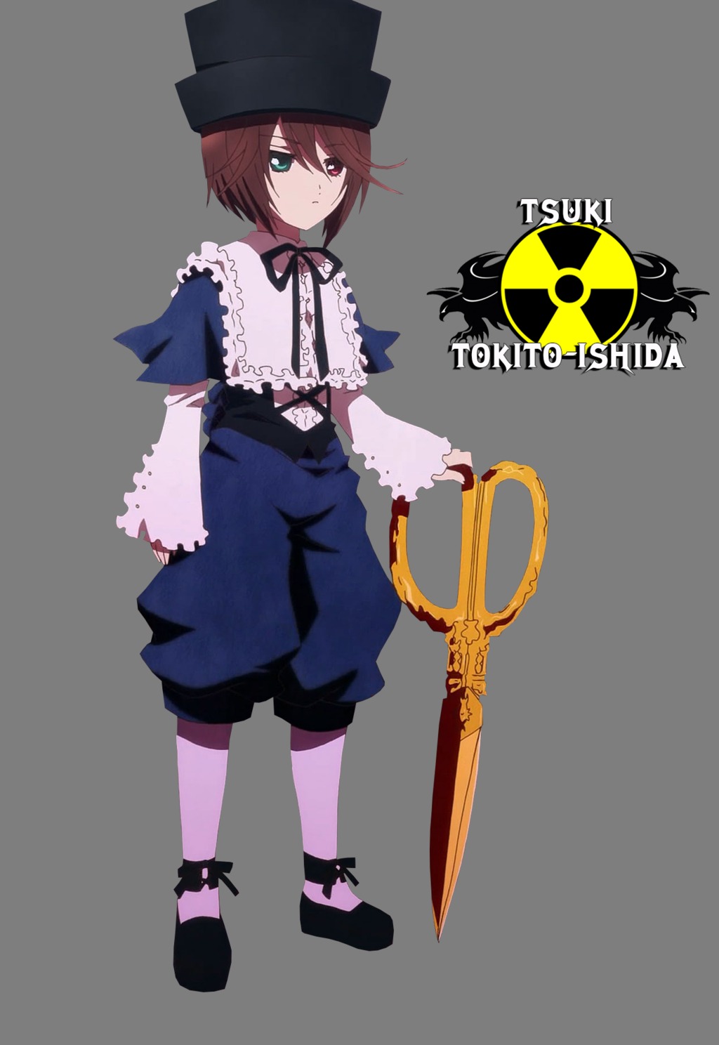 androgynous blue_eyes brown_hair capelet full_body hat heterochromia image long_sleeves ribbon short_hair shorts solo souseiseki standing top_hat
