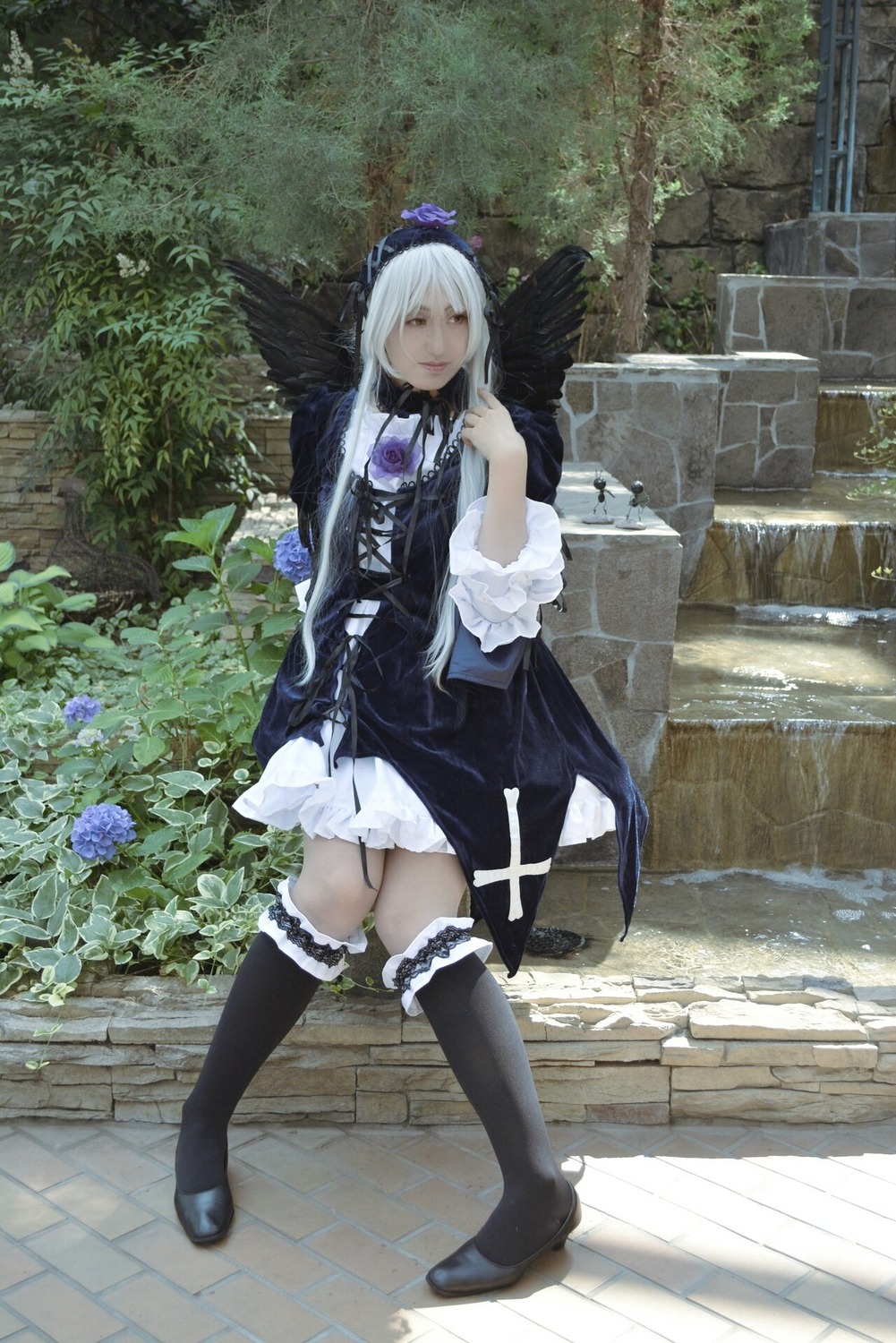 1girl black_legwear dress flower frills gothic_lolita lolita_fashion long_hair outdoors solo standing suigintou thighhighs