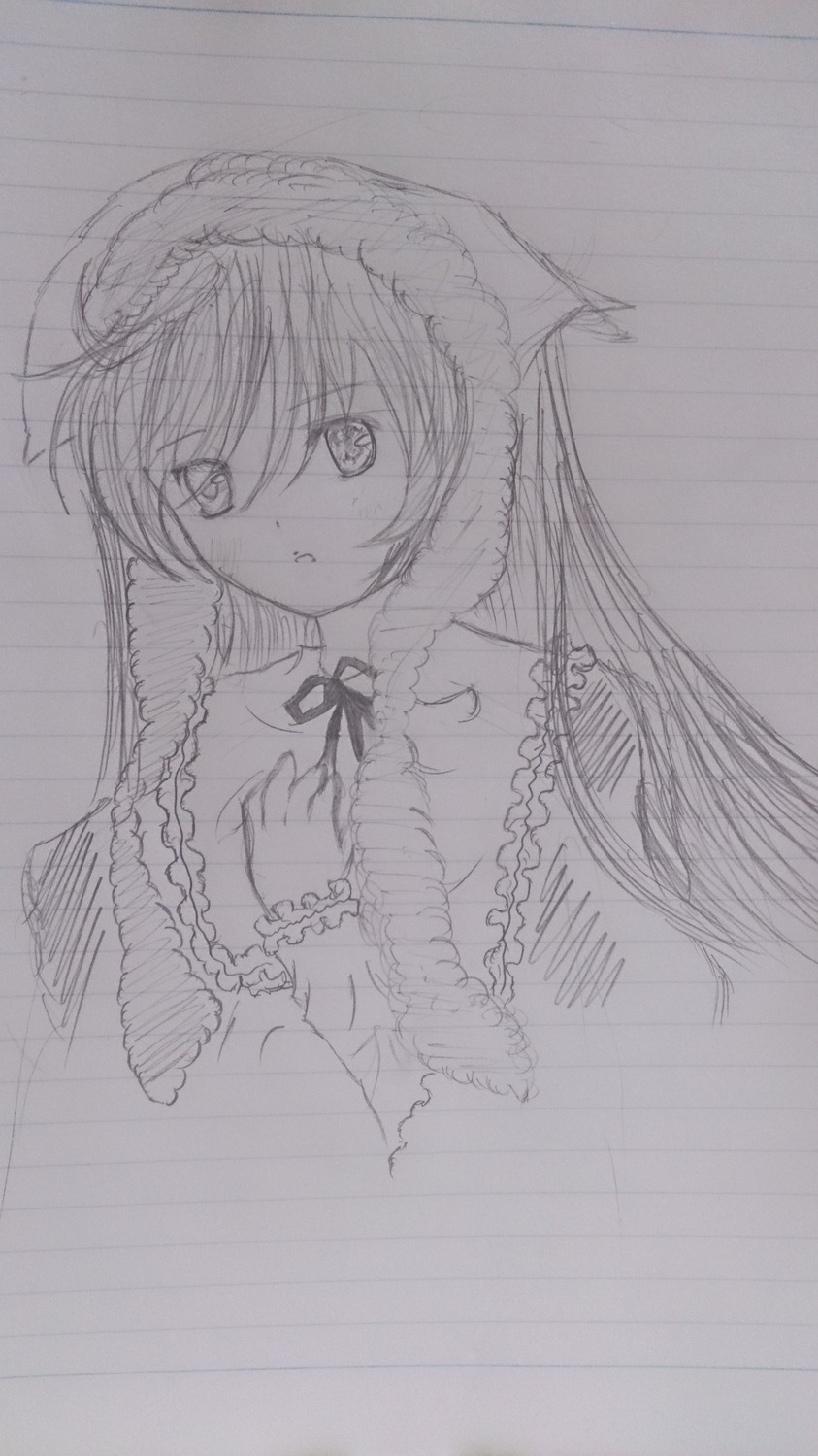 1girl auto_tagged capelet eyebrows_visible_through_hair frills greyscale image long_hair long_sleeves looking_at_viewer monochrome ribbon solo suiseiseki traditional_media upper_body