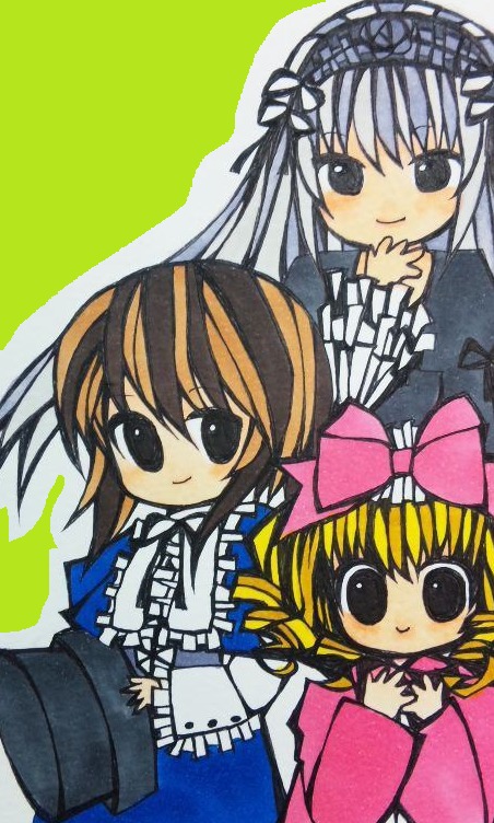 3girls blonde_hair bow brown_hair dress frills green_background hina_ichigo image long_hair long_sleeves looking_at_viewer multiple multiple_girls pink_bow ribbon short_hair silver_hair smile suigintou tagme