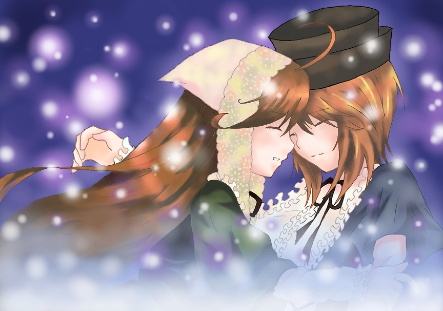 2girls brown_hair closed_eyes dress hat image long_hair multiple_girls pair short_hair siblings sisters snowing souseiseki suiseiseki yuri