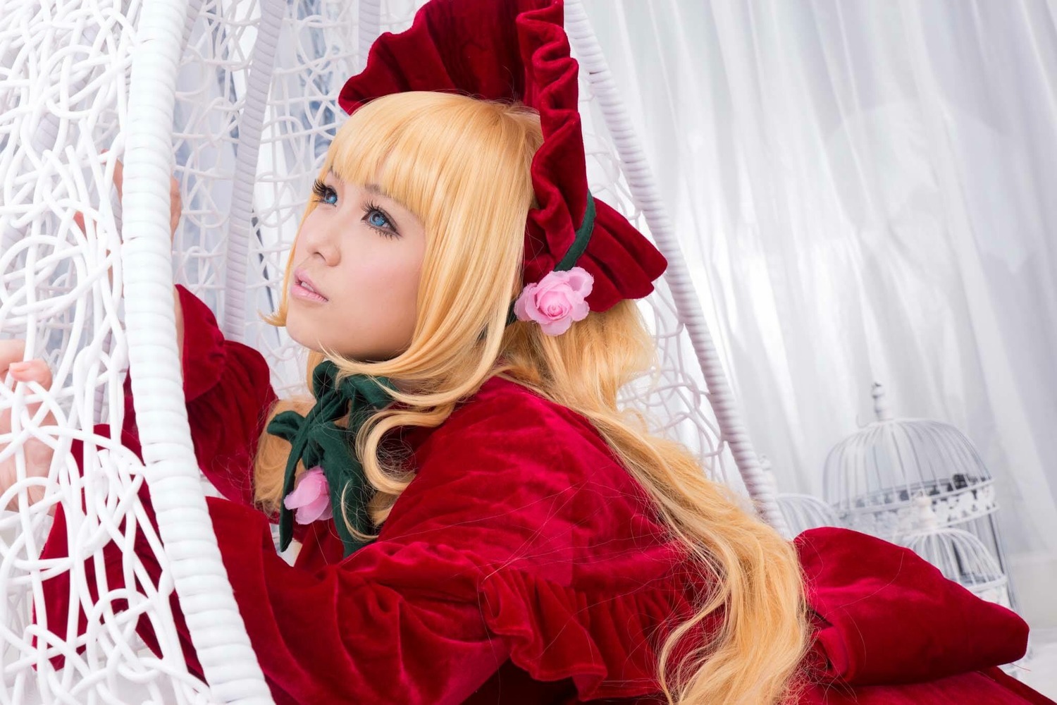 1girl bangs blonde_hair blue_eyes bonnet bow curtains dress flower lips long_hair red_dress ribbon rose shinku solo