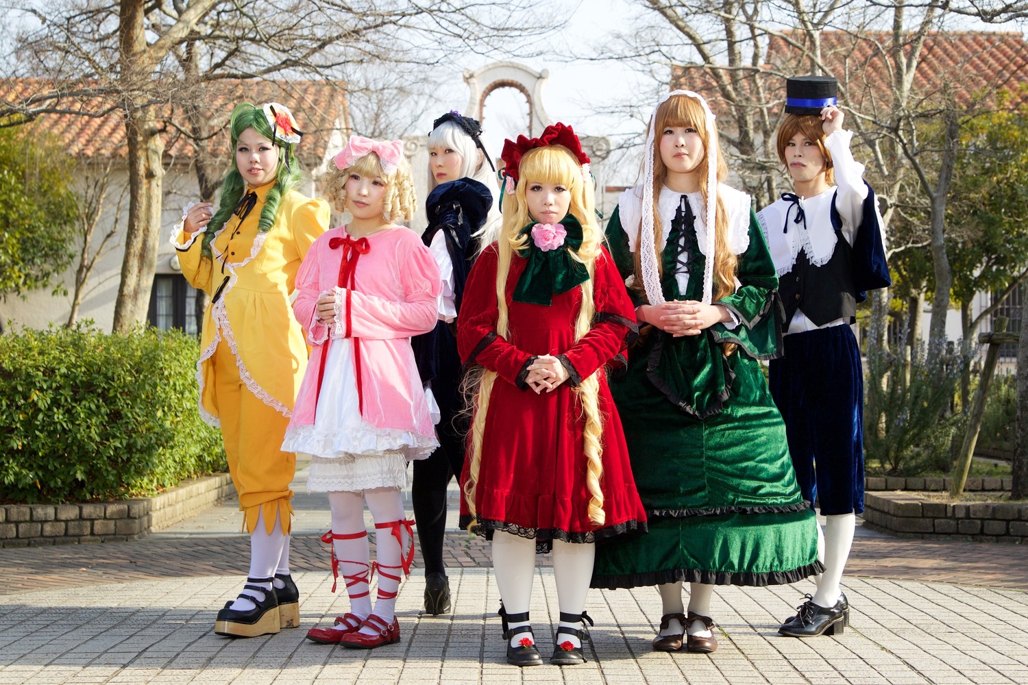 blonde_hair brown_hair dress fence hat long_hair multiple_boys multiple_cosplay multiple_girls pantyhose pavement short_hair tagme tree white_legwear