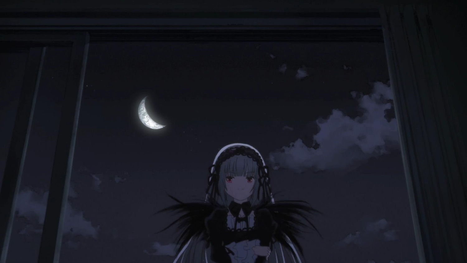 1girl closed_mouth cloud crescent_moon dress gothic_lolita hairband image long_hair looking_at_viewer moon night red_eyes sky solo suigintou wings