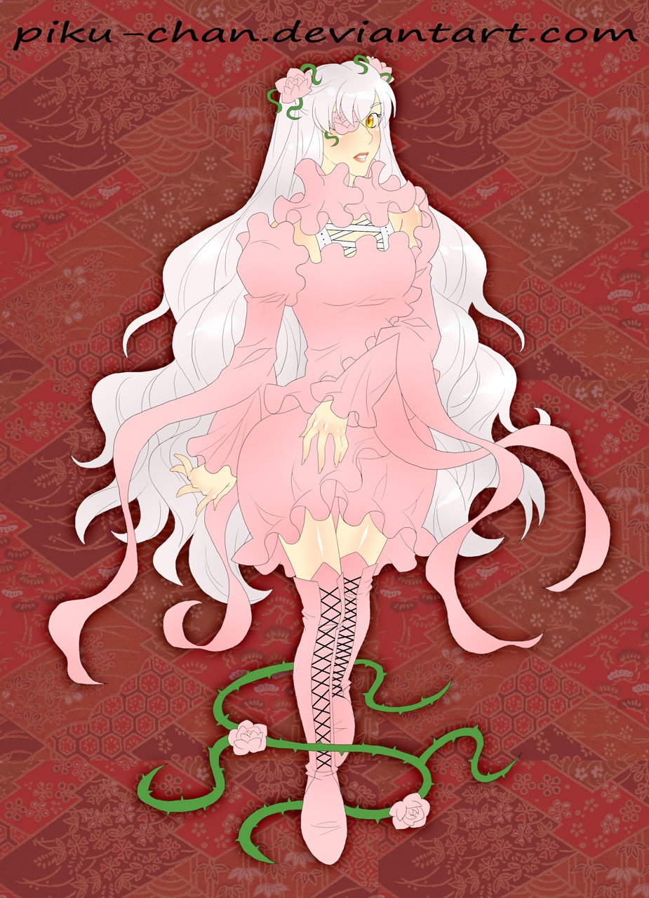 1girl breasts dress flower frills full_body hair_flower image kirakishou long_hair long_sleeves pink_dress plant puffy_sleeves rose solo thorns very_long_hair vines white_hair yellow_eyes