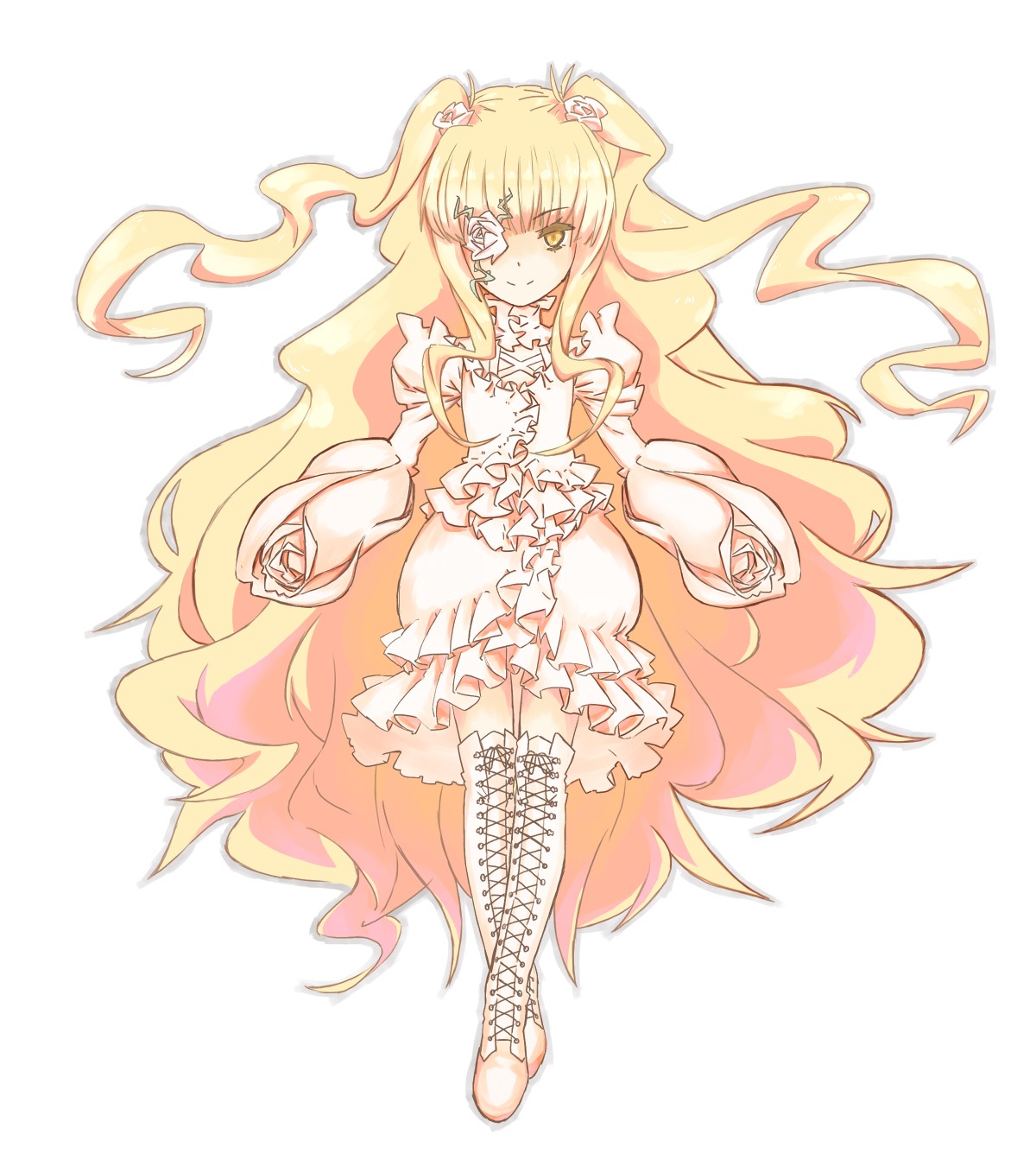 1girl 86800 blonde_hair boots cross-laced_footwear doll_joints dress eyepatch flower frills image kirakishou knee_boots long_hair rose solo striped vertical_stripes very_long_hair yellow_eyes