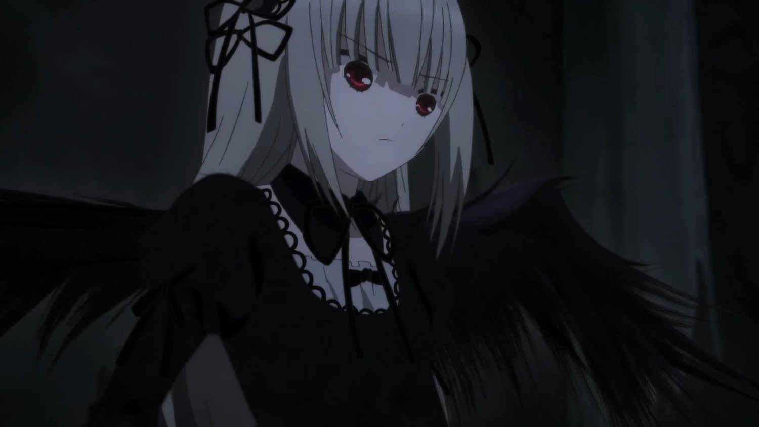 1girl bangs black_dress black_ribbon black_wings closed_mouth dress eyebrows_visible_through_hair feathered_wings frills hair_ribbon hairband image lolita_fashion long_hair long_sleeves red_eyes ribbon silver_hair solo suigintou upper_body wings