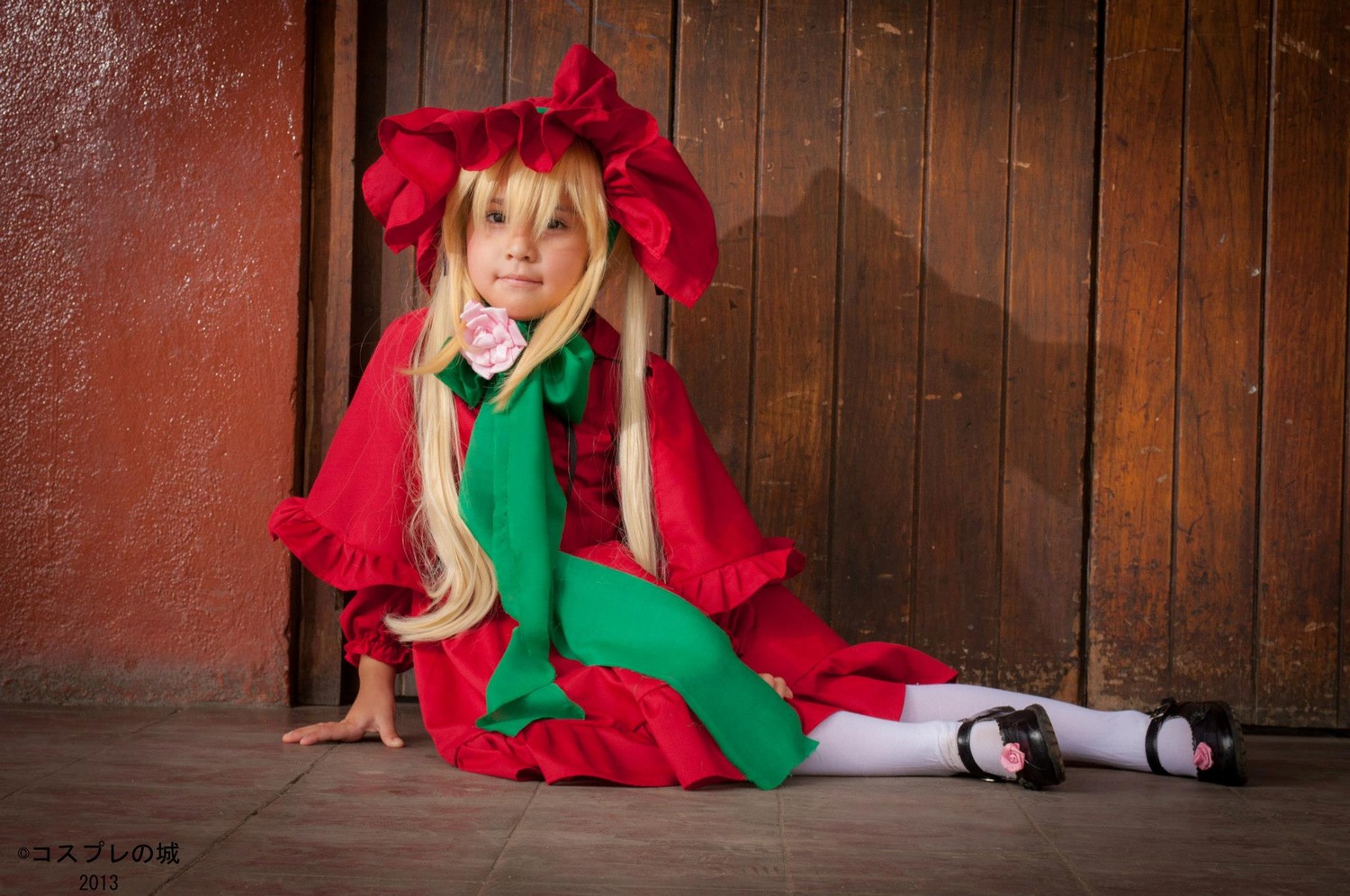 1girl blonde_hair blue_eyes bonnet bow dated dress flower long_hair long_sleeves looking_at_viewer mary_janes red_dress rose shinku shoes signature sitting solo very_long_hair