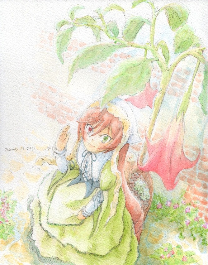 1girl brown_hair dress flower green_dress green_eyes heterochromia image long_hair long_sleeves looking_at_viewer red_eyes sitting smile solo suiseiseki very_long_hair watercolor_(medium)