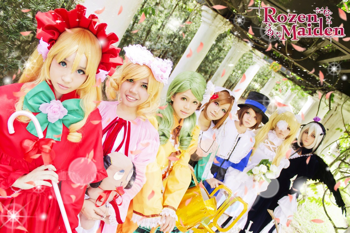 6+girls blonde_hair blue_eyes bow brown_hair closed_eyes dress flower green_hair hat long_hair multiple_cosplay multiple_girls petals rose tagme