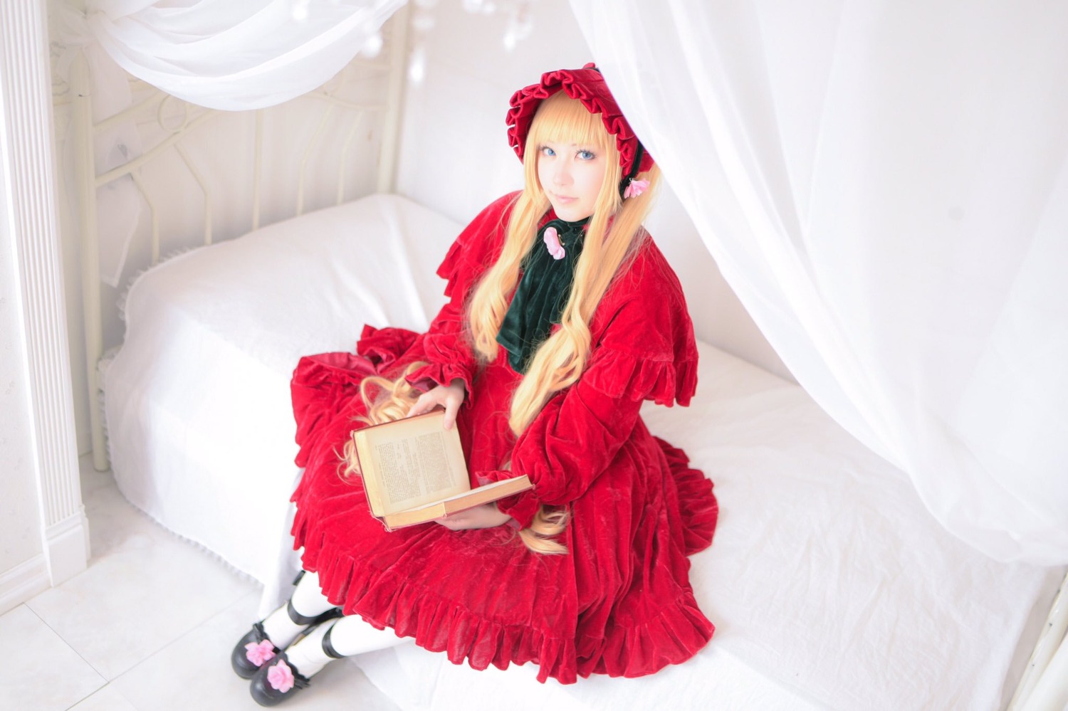 1girl blonde_hair blue_eyes bonnet curtains dress flower long_hair long_sleeves mary_janes pantyhose red_dress rose shinku shoes sitting solo white_legwear