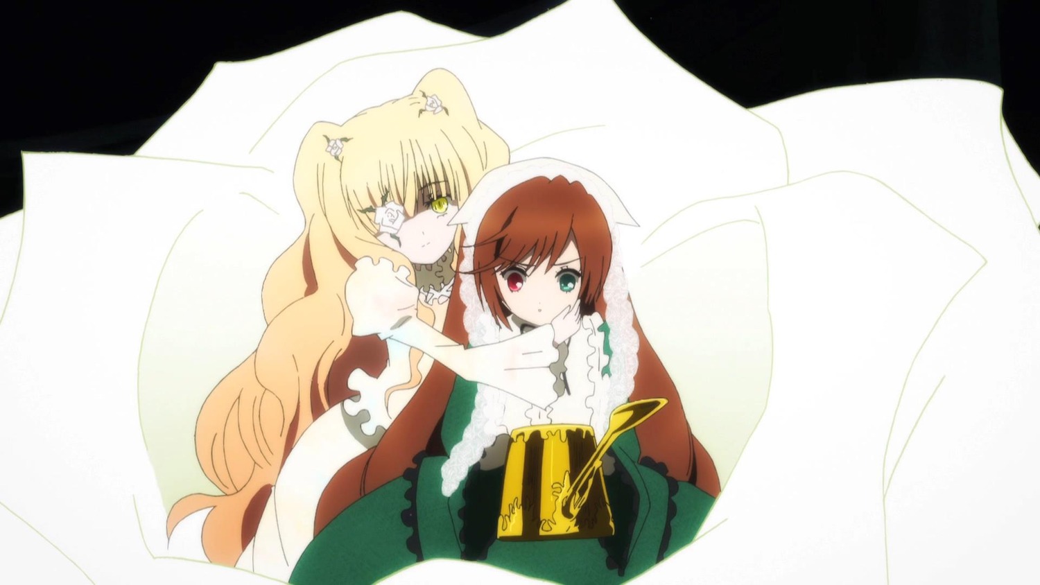 2girls animal_ears blonde_hair brown_hair eyepatch green_eyes heterochromia image japanese_clothes kimono kirakishou long_hair multiple_girls pair red_eyes sisters suiseiseki yellow_eyes