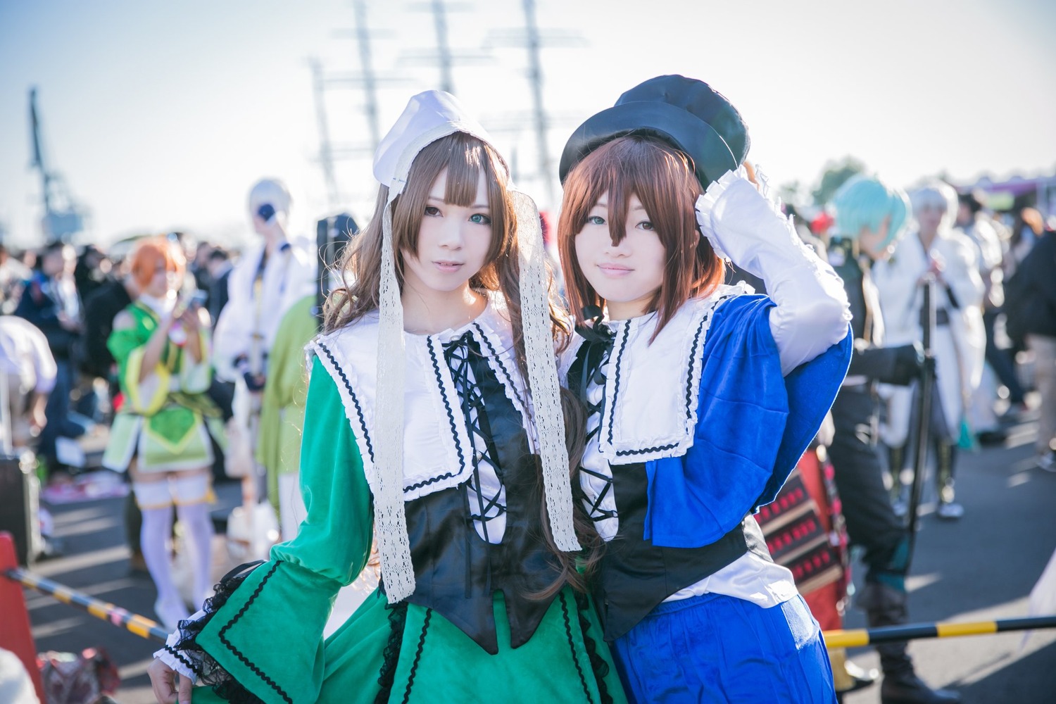 3d 4girls blonde_hair blue_eyes blue_hair blurry blurry_background blurry_foreground bow brown_hair depth_of_field dress hat long_hair long_sleeves looking_at_viewer multiple_cosplay multiple_girls photo ribbon short_hair smile suiseiseki tagme