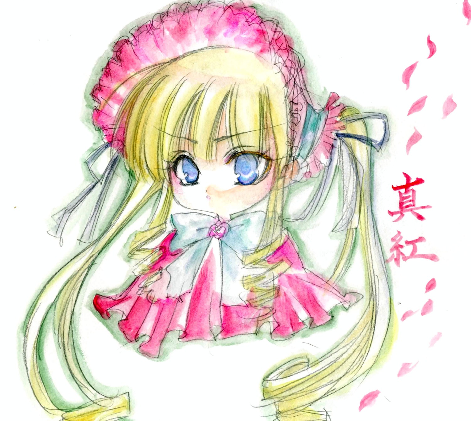 1girl blonde_hair blue_eyes bonnet bow bowtie dress drill_hair frills image long_hair long_sleeves looking_at_viewer petals shinku simple_background solo traditional_media twin_drills twintails very_long_hair