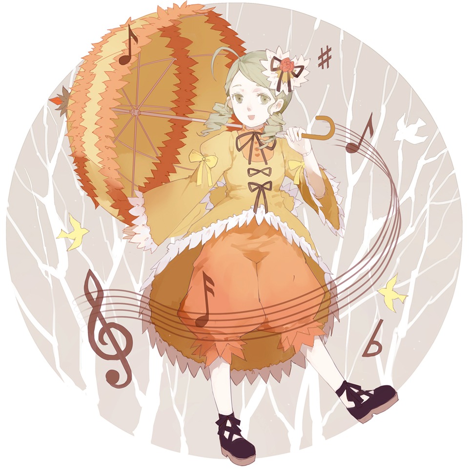 1girl autumn autumn_leaves dress drill_hair flower full_body green_eyes green_hair hair_ornament holding_leaf image kanaria leaf leaf_hair_ornament long_sleeves maple_leaf open_mouth pantyhose ribbon solo star_(symbol) twin_drills twintails umbrella white_legwear