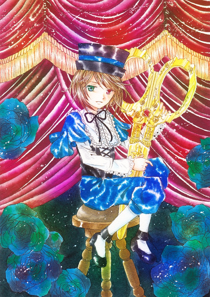 1girl blue_flower blue_rose curtains flower frills green_eyes hat heterochromia image long_sleeves looking_at_viewer red_eyes red_flower ribbon rose short_hair sitting solo souseiseki traditional_media white_legwear