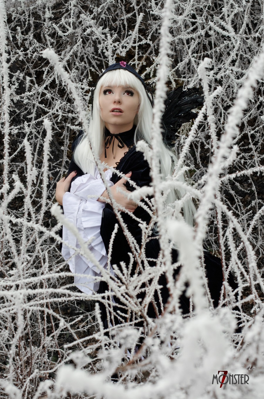 1girl choker dress frills gothic_lolita hairband lips lolita_fashion long_hair long_sleeves realistic ribbon solo suigintou wings