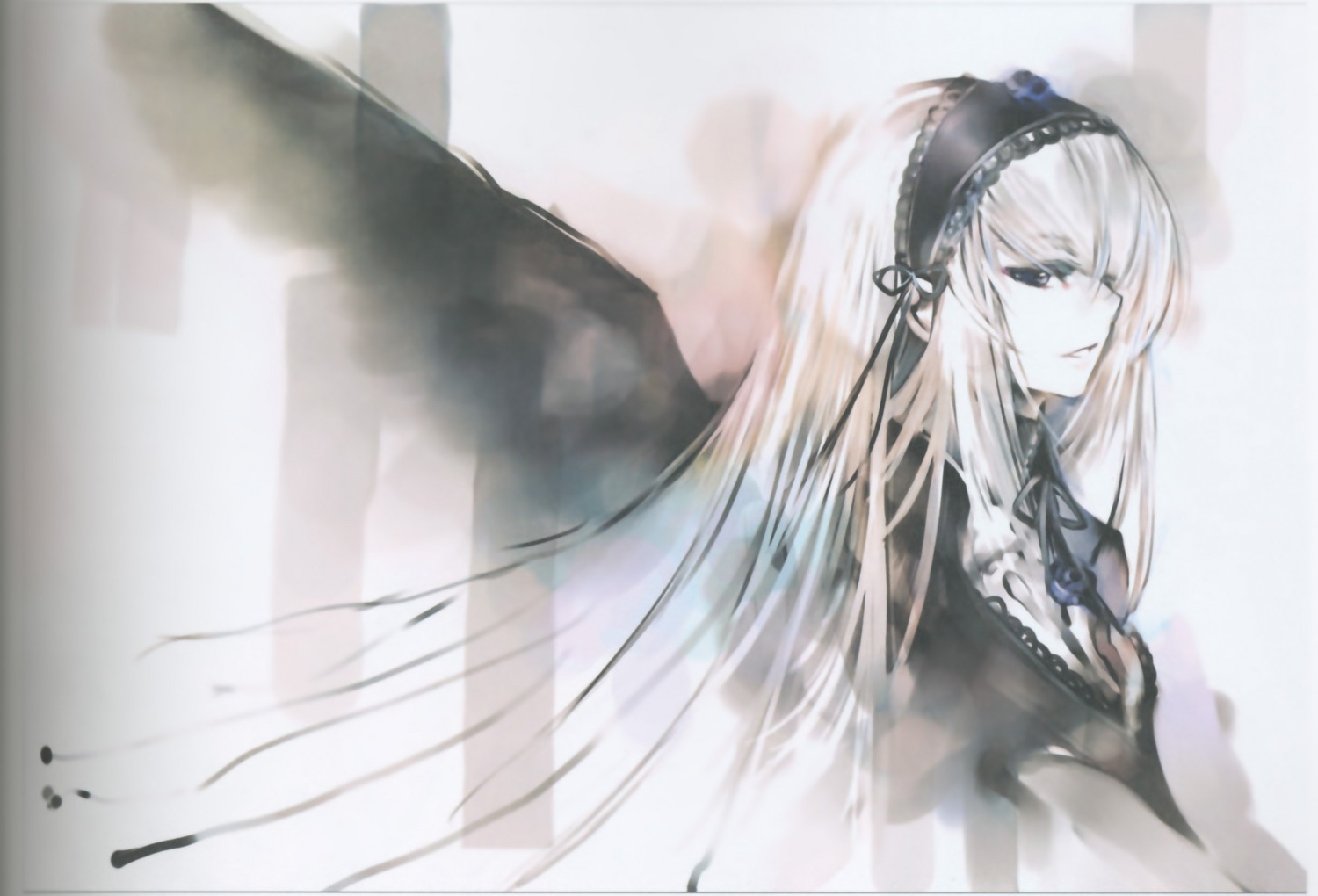 1girl bangs black_ribbon black_wings closed_mouth detached_collar dress flower frills hairband image long_hair long_sleeves ribbon rose silver_hair solo suigintou upper_body very_long_hair wings