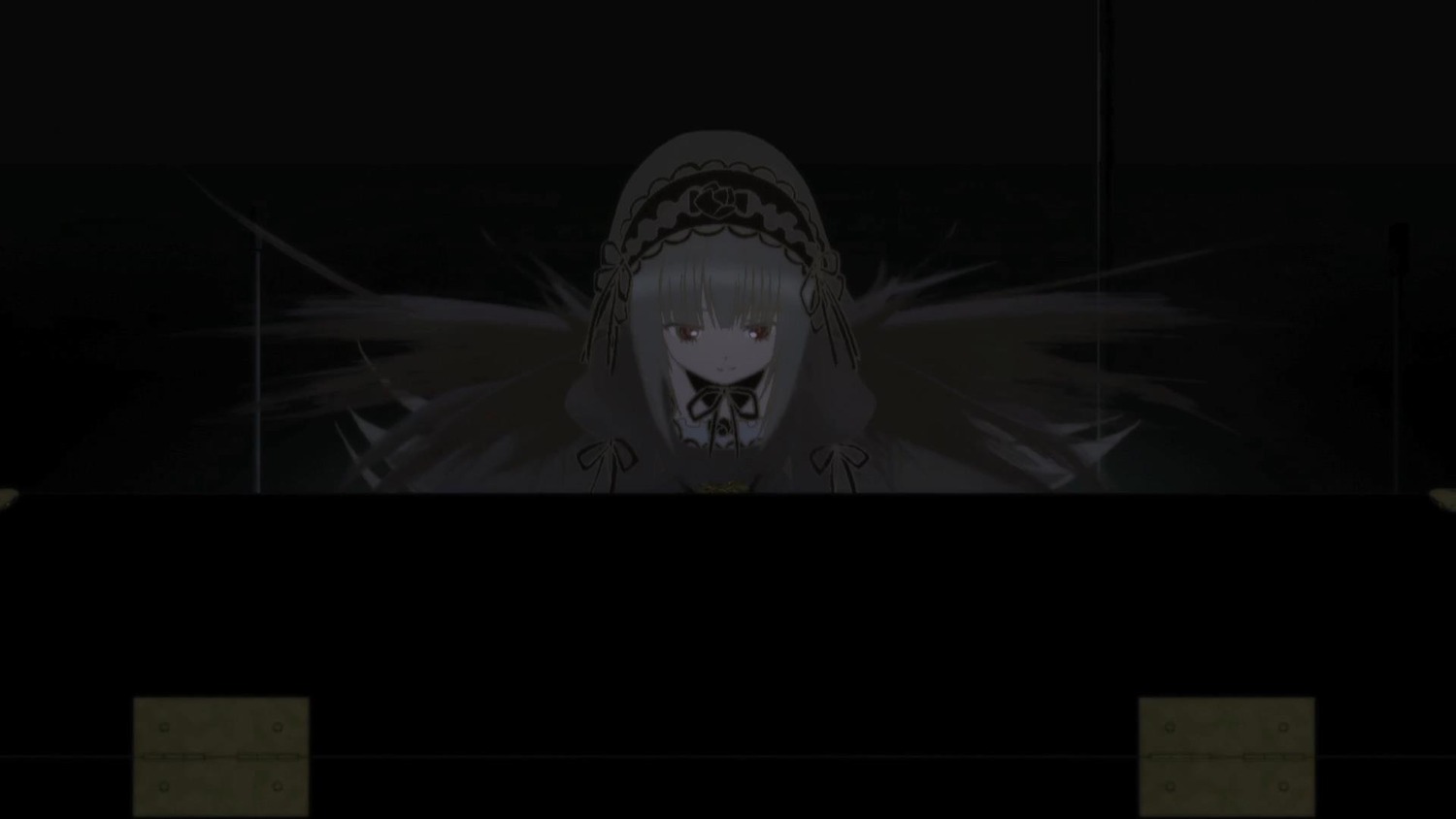 1girl bangs black_background black_ribbon black_wings closed_mouth dress eyebrows_visible_through_hair feathered_wings hairband image long_hair looking_at_viewer ribbon solo suigintou wings