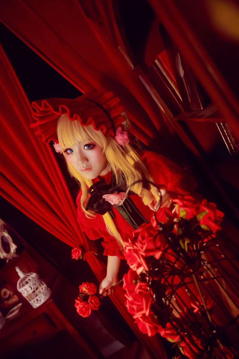 1girl blonde_hair blue_eyes bow curtains dress flower long_hair red_dress rose shinku solo