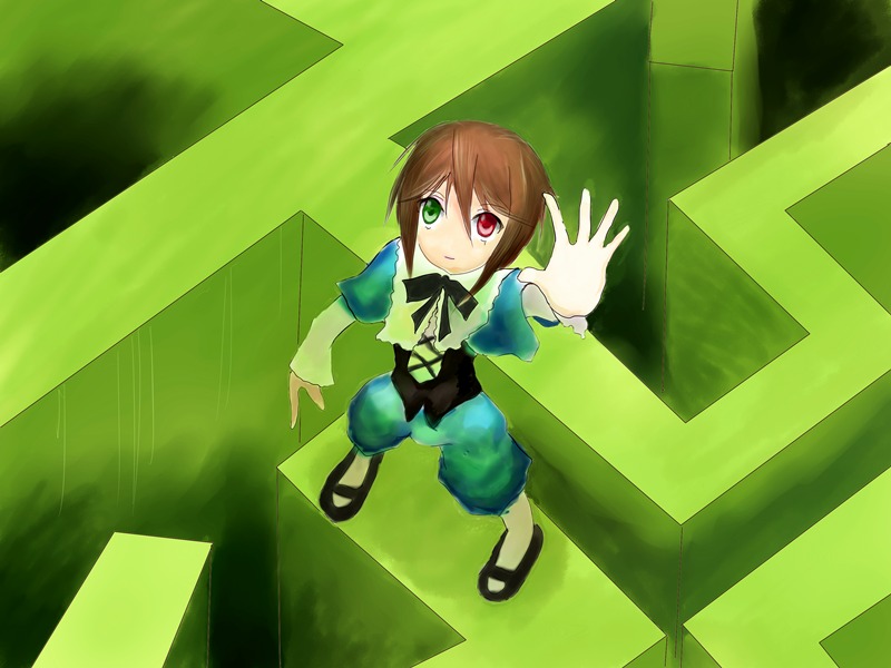1girl brown_hair dress from_above full_body green_eyes heterochromia image long_sleeves looking_at_viewer red_eyes short_hair solo souseiseki