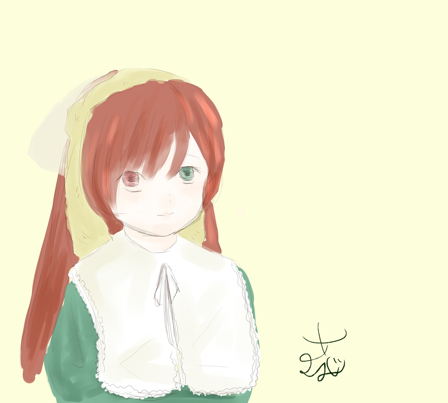1girl bangs closed_mouth dress green_background green_dress green_eyes head_scarf heterochromia image long_sleeves looking_at_viewer red_eyes signature simple_background solo striped suiseiseki twintails upper_body vertical_stripes