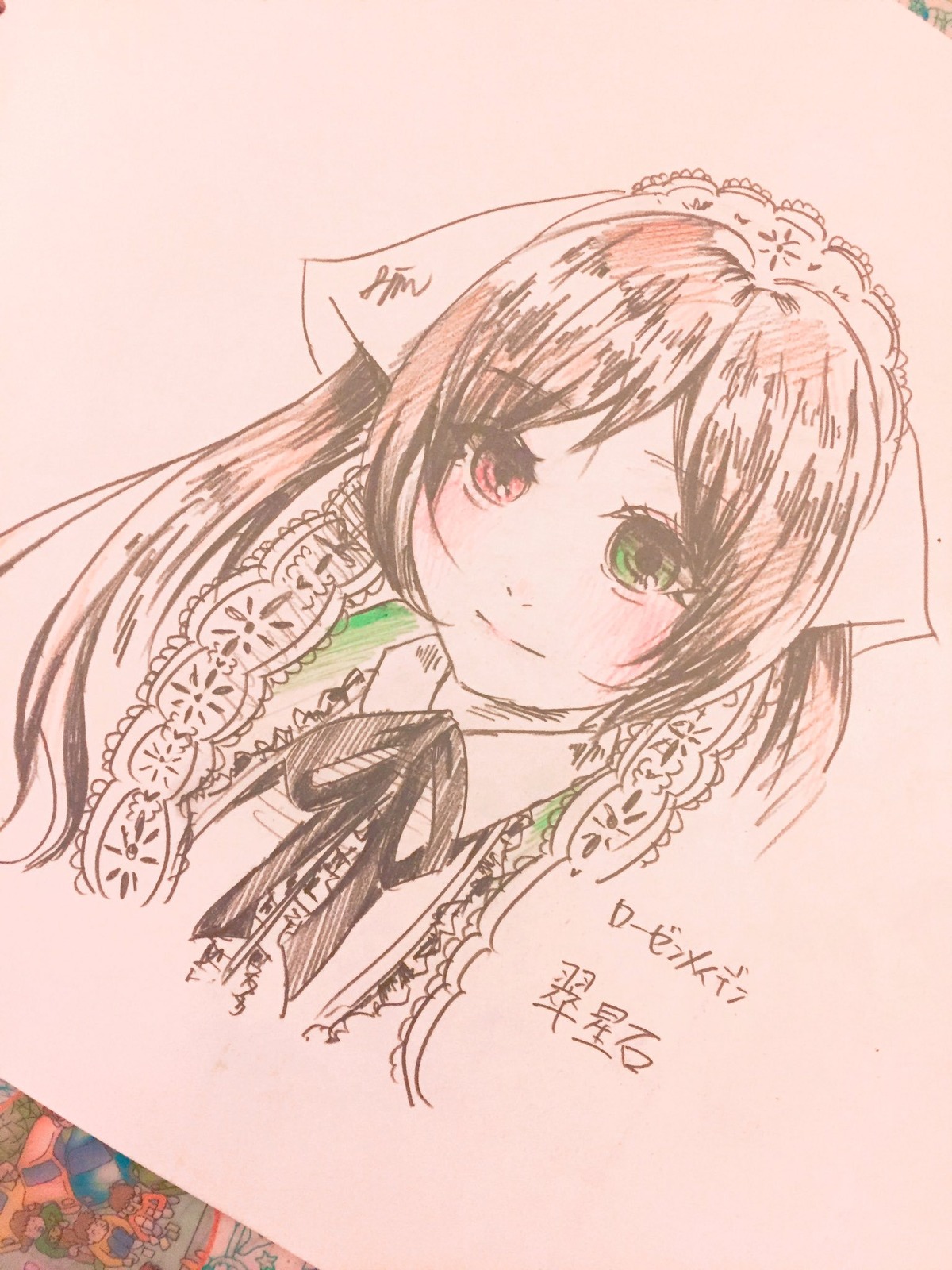 1girl blush brown_hair closed_mouth eyebrows_visible_through_hair green_eyes heterochromia image long_hair looking_at_viewer pink_background red_eyes ribbon smile solo suiseiseki