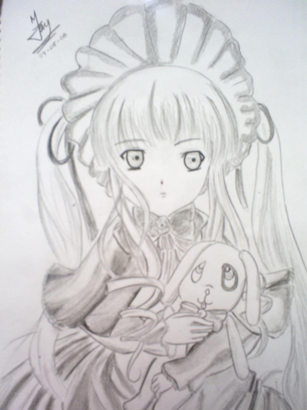 1girl dress holding image long_hair long_sleeves looking_at_viewer monochrome photo shinku simple_background solo stuffed_animal upper_body very_long_hair