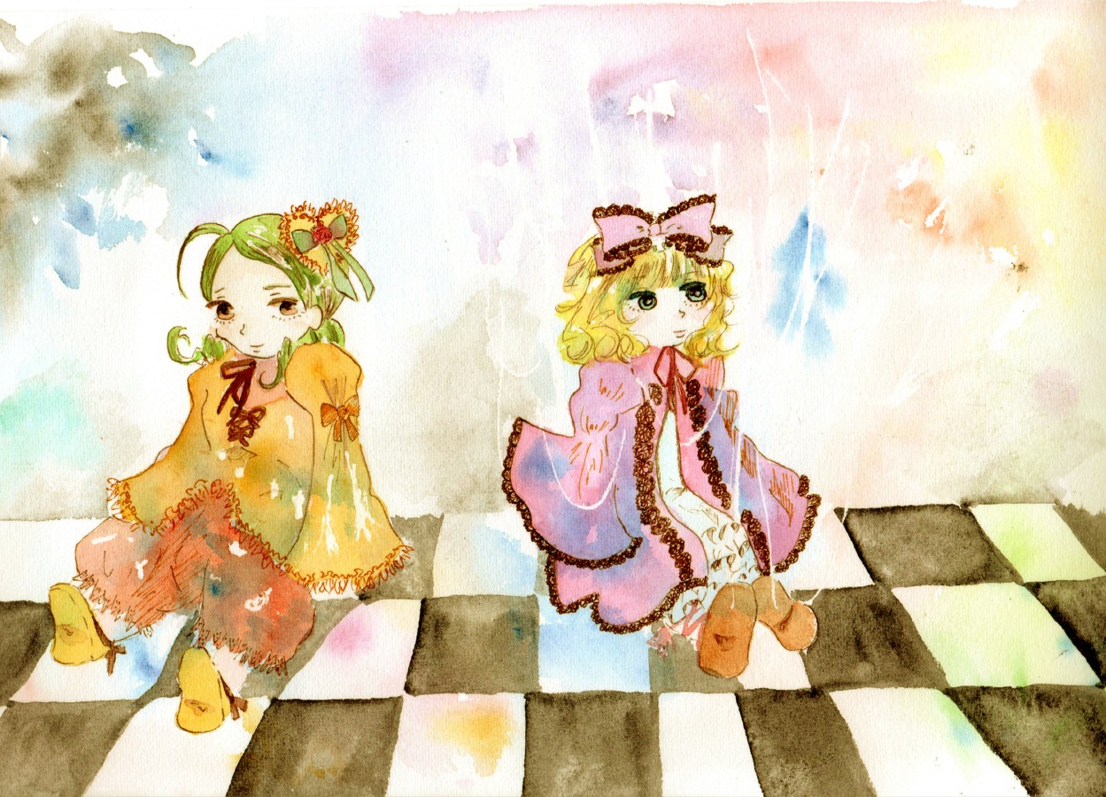 2girls argyle argyle_background argyle_legwear blonde_hair board_game checkered checkered_background checkered_floor chess_piece colorful floor food fruit hair_ornament hinaichigo image kanaria multiple_girls on_floor pair perspective ribbon short_hair siblings sitting tile_floor tiles yellow_eyes